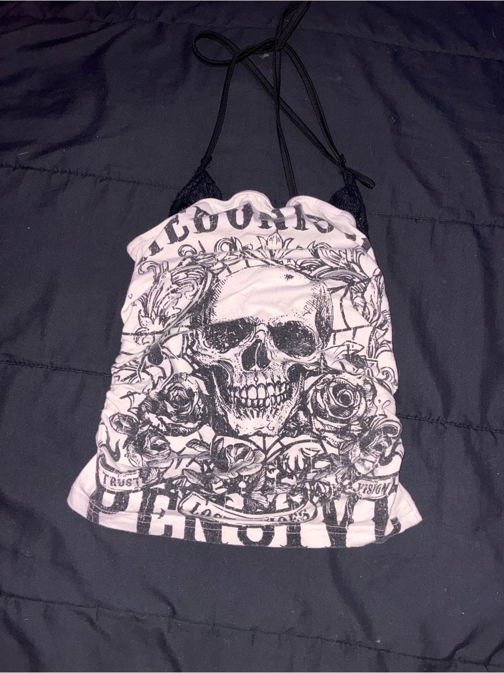 Skull & Roses Graphic Halter Tank Top - Black/White